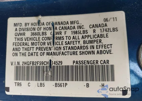 2012 Honda Civic Lx z USA, uszkodzony, nr VIN 2HGFB2F59CH514529